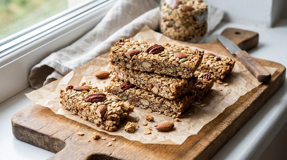Suikervrije mueslirepen op een houten plank