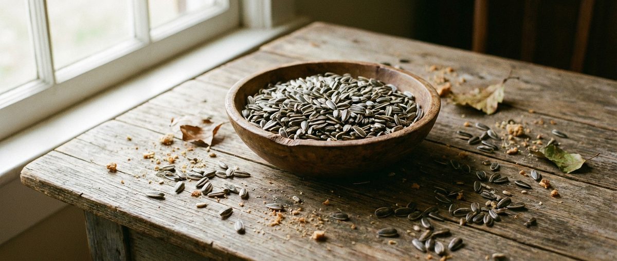 Zonnebloempitten in een houten kom